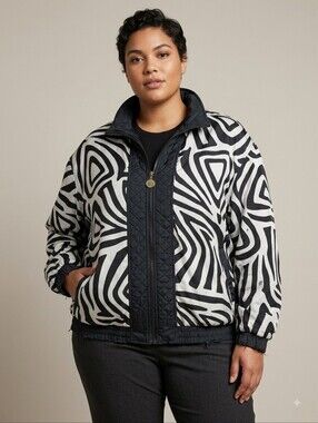 Vintage ​Anney California Black White Zebra Print Silk Bomber Jacket 1X